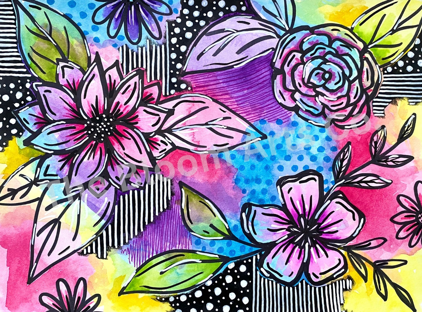 Colorful Abstract Flower Painting in Watercolor & Ink