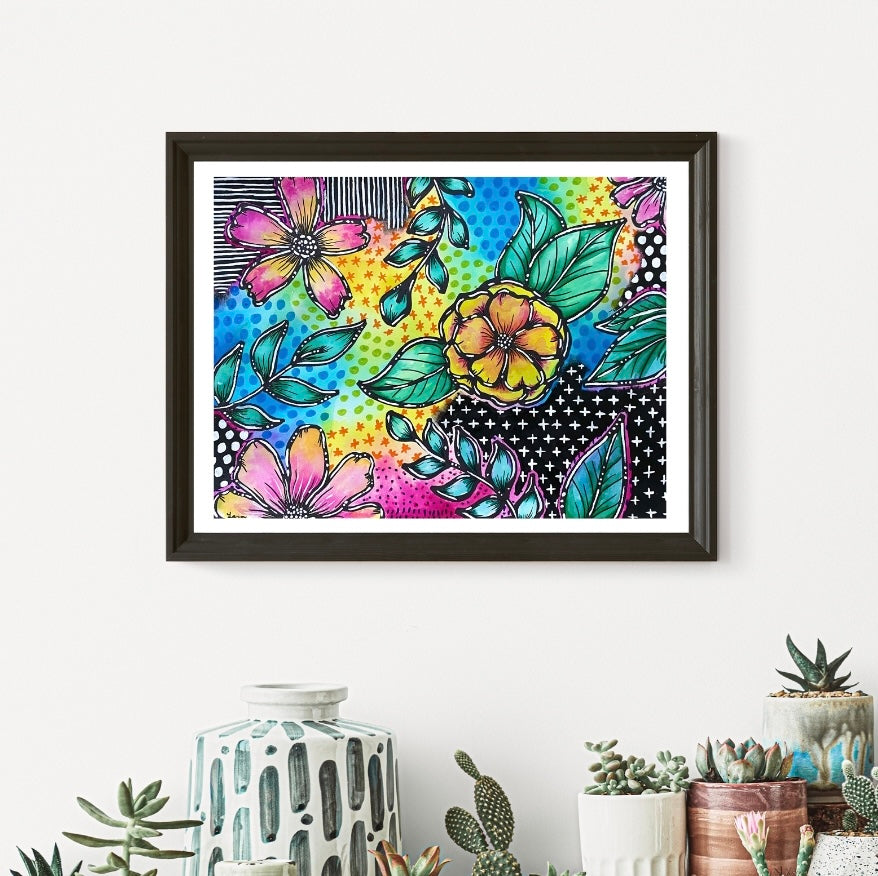 Abstract Flower Painting in Rainbow Colors