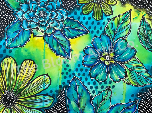 Blue & Green Abstract Flower Painting