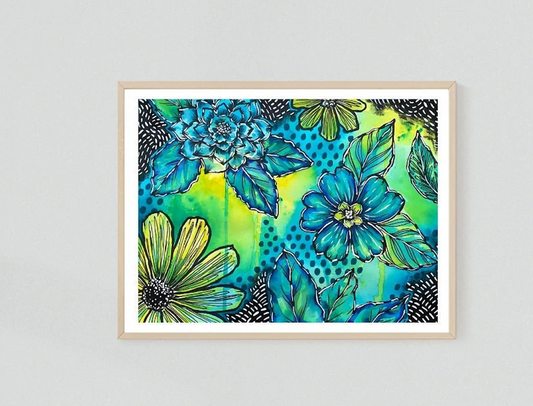 Blue & Green Abstract Flower Painting