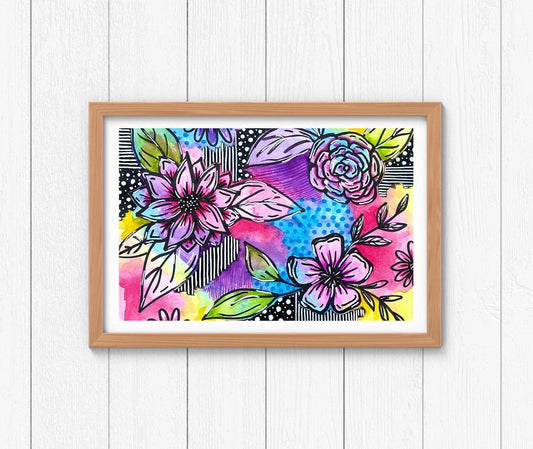 Colorful Abstract Flower Painting in Watercolor & Ink
